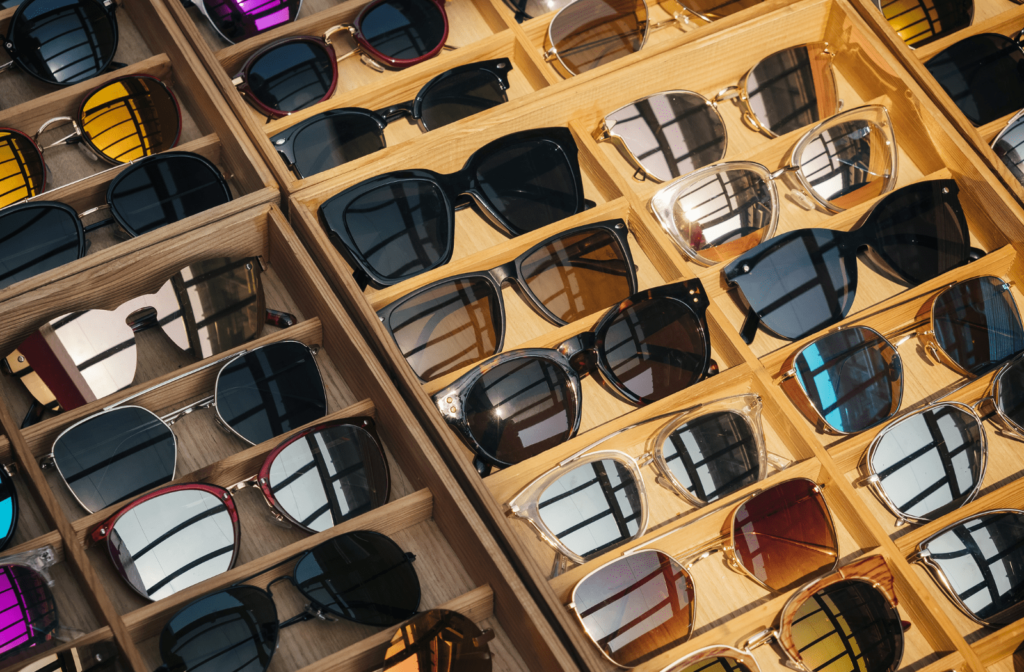 Multiple pairs of sunglasses being displayed including polarized sunglasses