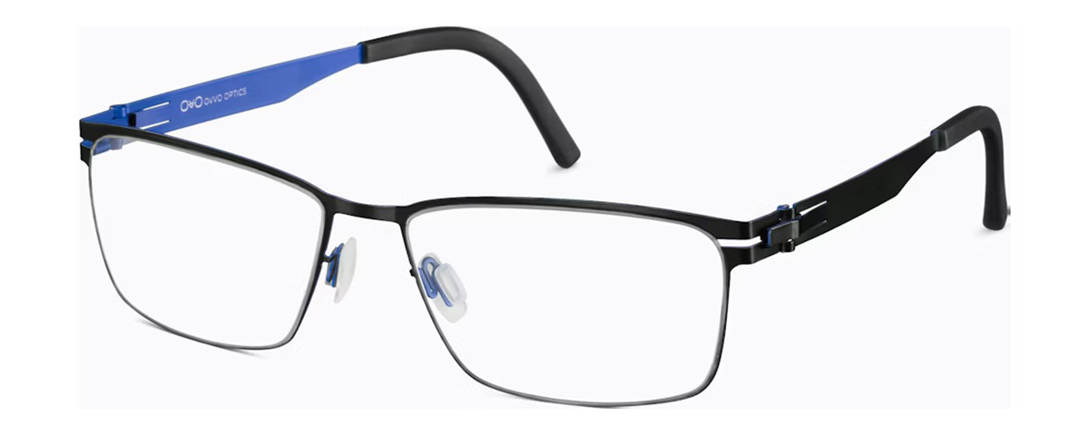 Black rectangular eyeglasses featuring slim frames and blue temple accents for a contemporary look - mcculley optix gallery