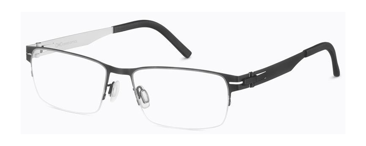 Minimalist rectangular eyeglass frames featuring a black front with silver temples and adjustable nose pads - mcculley optix gallery