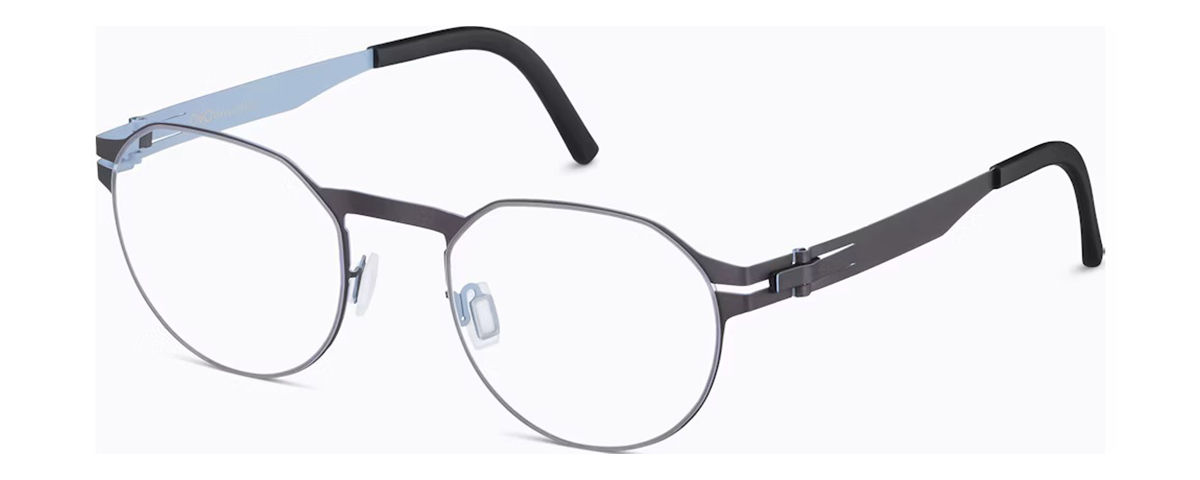 Rounded gray eyeglasses with blue accents and lightweight metal construction – mcculley optix gallery