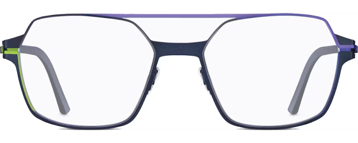 Square eyeglasses with blue front frame and green accent details for contemporary eyewear – mcculley optix gallery