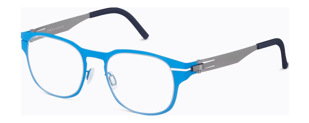 Bright blue rectangular eyeglass frames with silver hinge detailing and modern styling - mcculley optix gallery